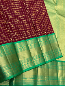 Classic Burgundy & Sea Green 2gm Zari Beldari Checks Elegance Kanchipuram Handloom Silk Saree SS24609