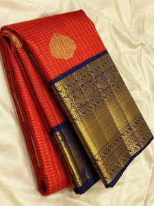 Classic Brick Orange & Navy Blue 3gm Zari Bridal Elegance Kanchipuram Handloom Silk Saree SS25172