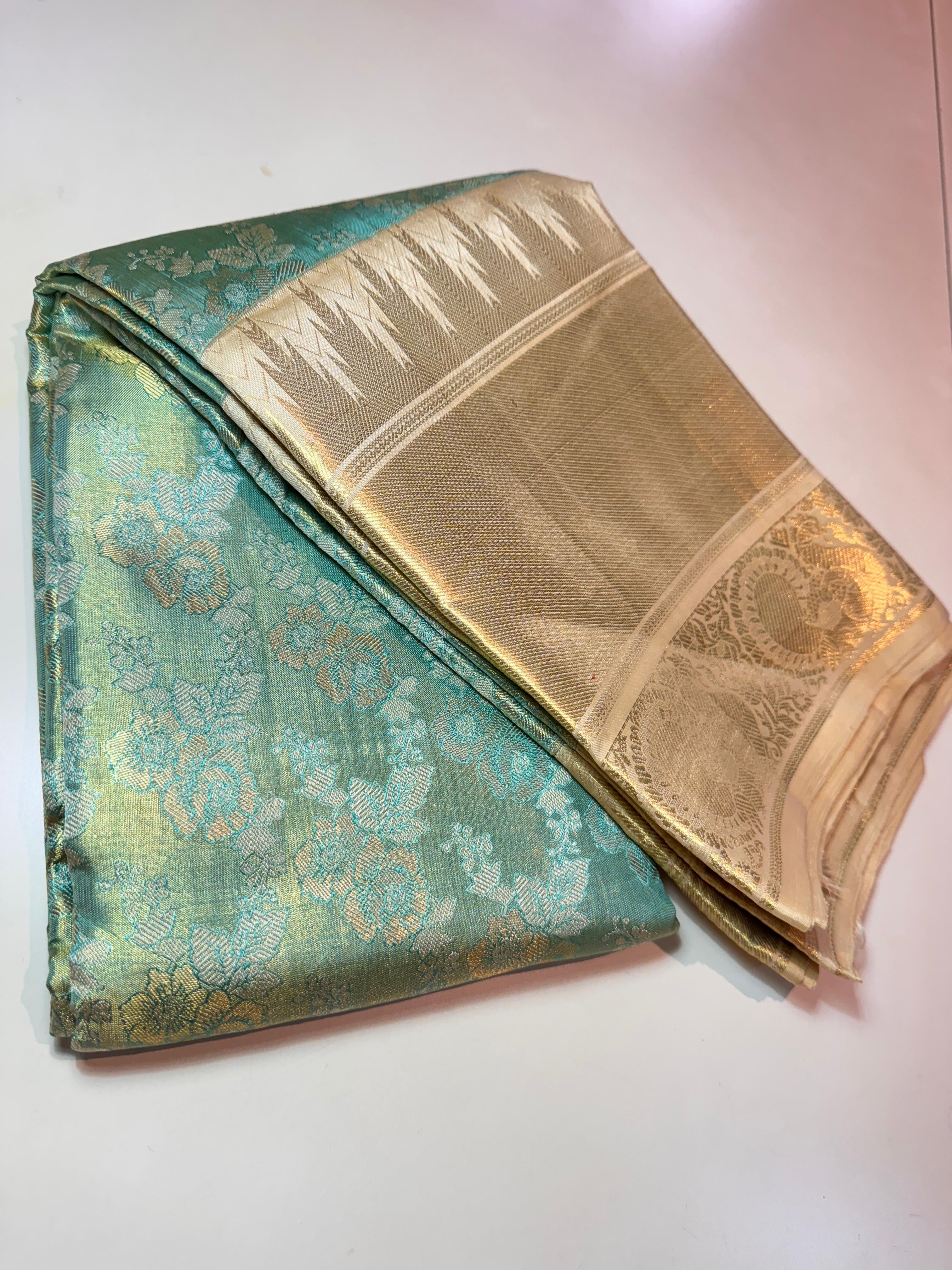 Classic Sea Green & Golden Beige Kanchipuram Handloom Silk Saree SS25858