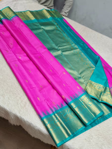Classic Fuchsia Pink & Teal Green 1gm Zari Kanchipuram Handloom Silk Saree SS25691