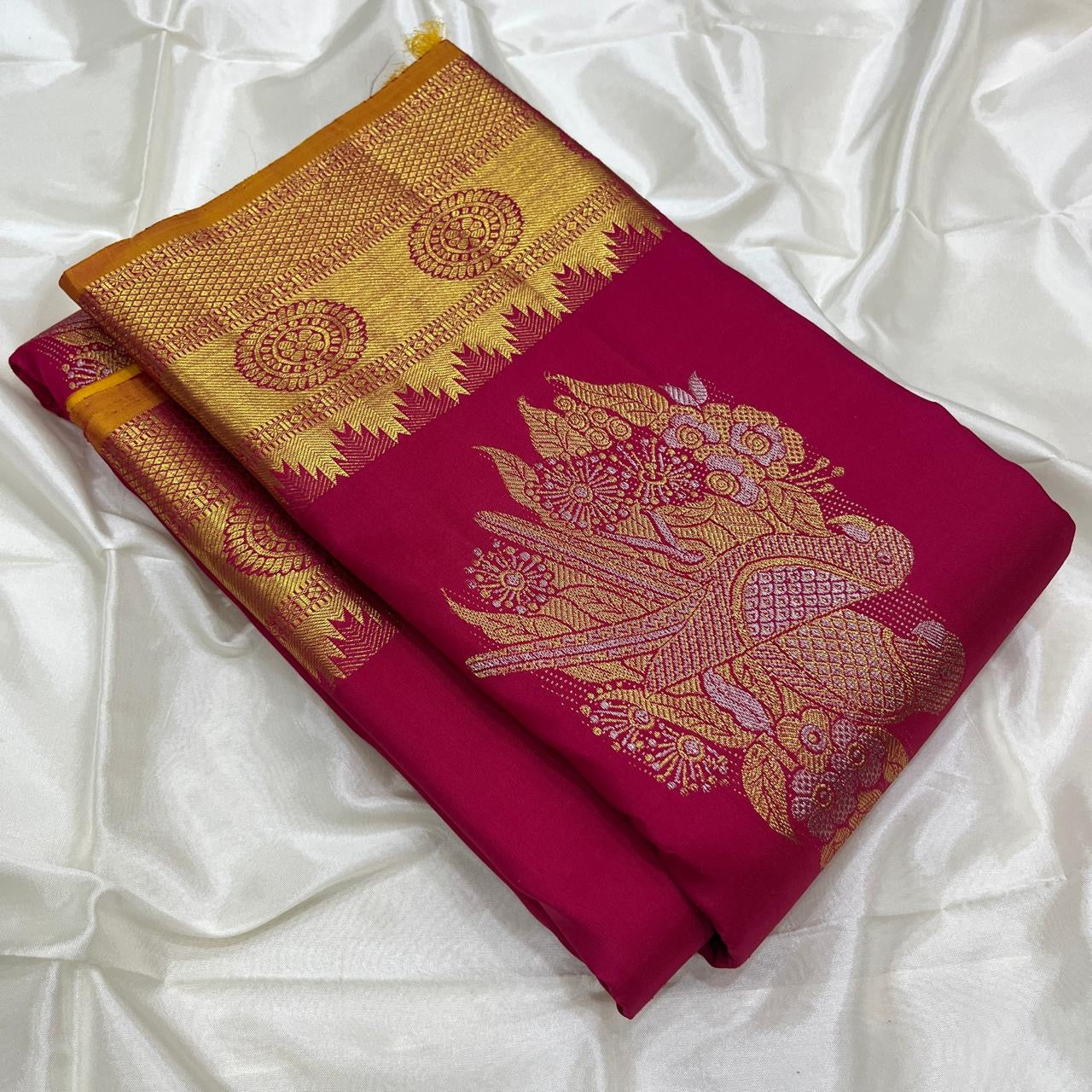 Classic Ruby Pink & Yellow Kanchipuram Handloom Silk Saree SS25967