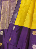 Load image into Gallery viewer, Classic Sunny Yellow &amp; Violet 2gm Zari Vaira Oosi Checks Kanchipuram Handloom Silk Saree SS26327

