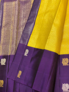 Classic Sunny Yellow & Violet 2gm Zari Vaira Oosi Checks Kanchipuram Handloom Silk Saree SS26327