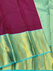 Classic Wine Red  & Ice Blue 1gm Zari Vaira Oosi Checks Elegance Kanchipuram Handloom Silk Saree SS25499