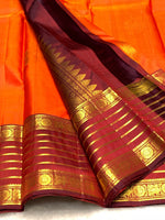 Load image into Gallery viewer, Classic Apricot Orange &amp; Garnet Red Bridal Elegance Kanchipuram Handloom Silk Saree SS28459
