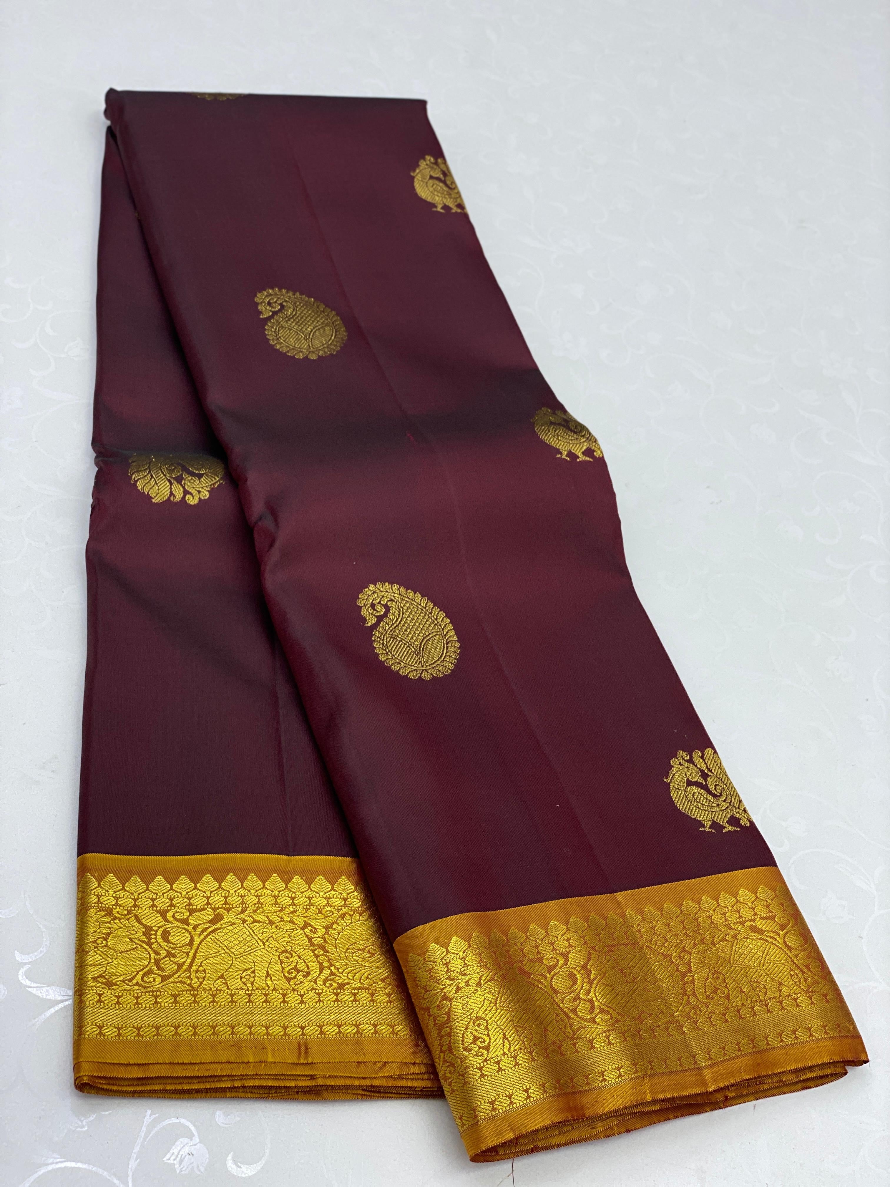 Classic Coffee Brown & Yellow 2gm Zari Elegance Kanchipuram Handloom Silk Saree SS23754