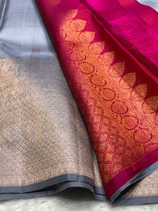 Classic Grey & Dark Pink 2gm Zari Elegance Kanchipuram Handloom Silk Saree SS25440
