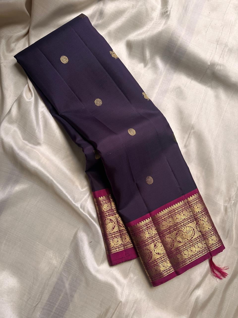 Classic Midnight Blue & Berry Wine Red Elegance Kanchipuram Handloom Silk Saree SS24840