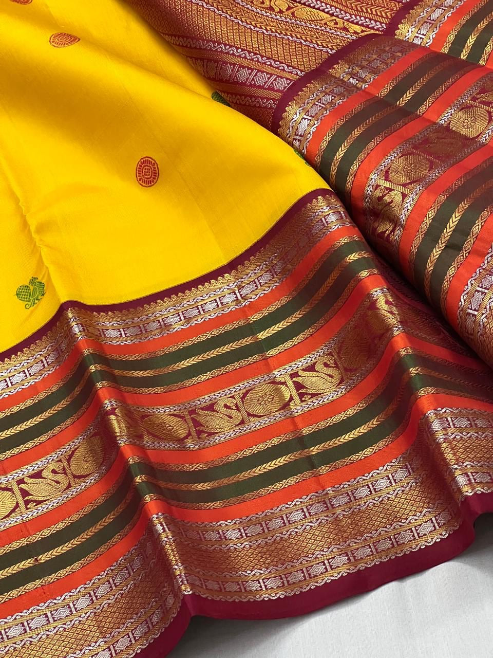 Classic Sunny Yellow & Barn Red 2gm Zari Kanchipuram Handloom Silk Saree SS26215