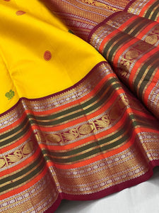 Classic Sunny Yellow & Barn Red 2gm Zari Kanchipuram Handloom Silk Saree SS26215