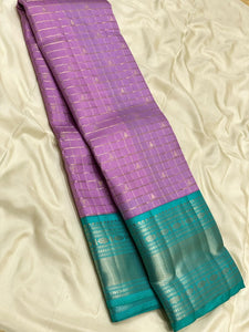 Classic Onion Pink & Dark Blue 2gm Zari Beldari Checks Elegance Kanchipuram Handloom Silk Saree SS24612