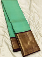 Load image into Gallery viewer, Classic Sea Green &amp; Dark Chocolate Brown 1gm Zari Vaira Oosi Checks Elegance Kanchipuram Handloom Silk Saree SS25498
