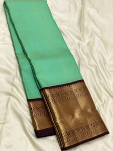 Classic Sea Green & Dark Chocolate Brown 1gm Zari Vaira Oosi Checks Elegance Kanchipuram Handloom Silk Saree SS25498