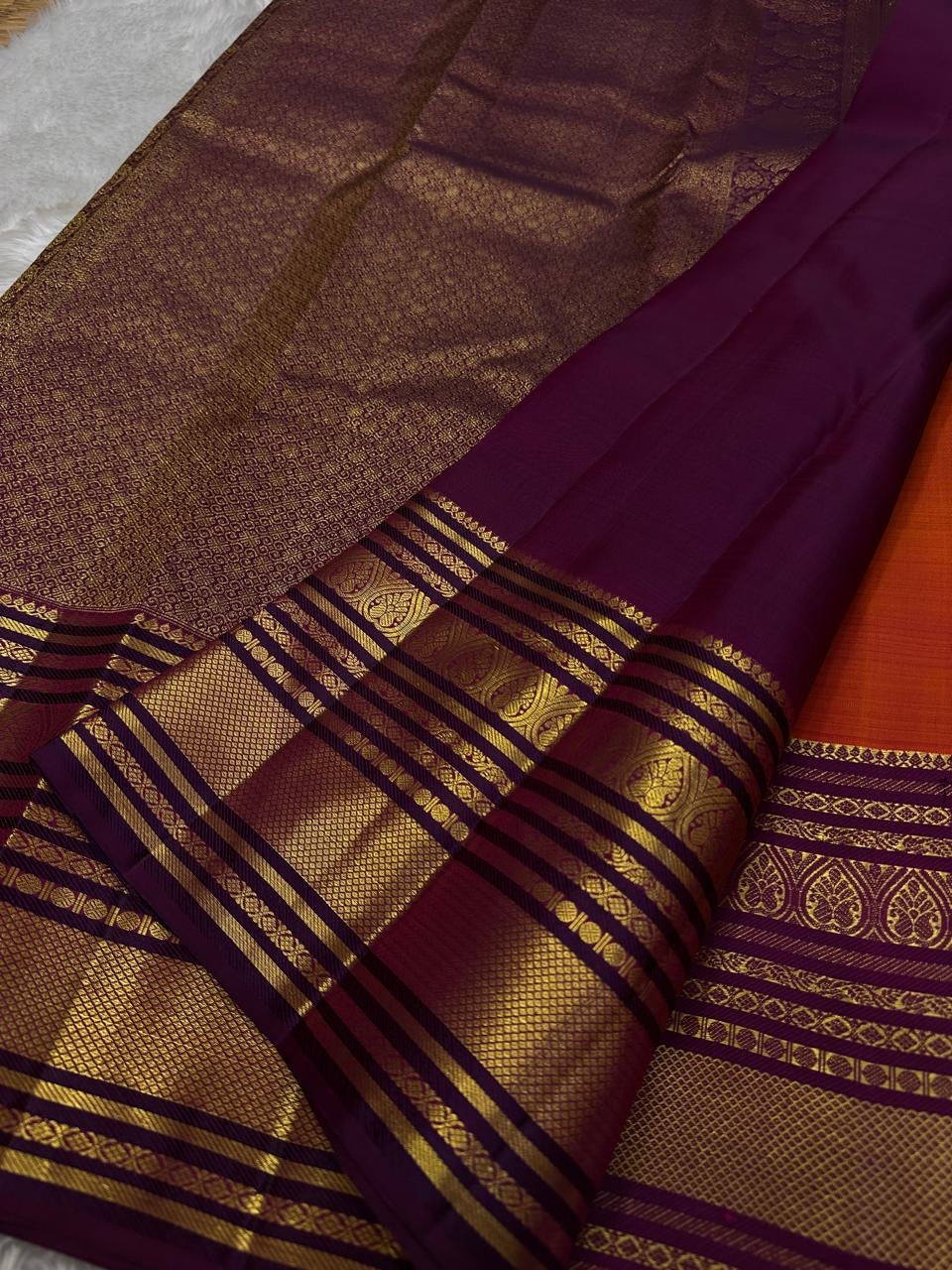 Classic Burnt Orange & Plum 2gm Zari Bridal Elegance Kanchipuram Handloom Silk Saree SS24765