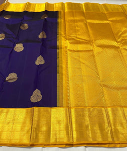 Classic Navy Blue & Mango Yellow 2gm Zari Kanchipuram Handloom Silk Saree SS26216
