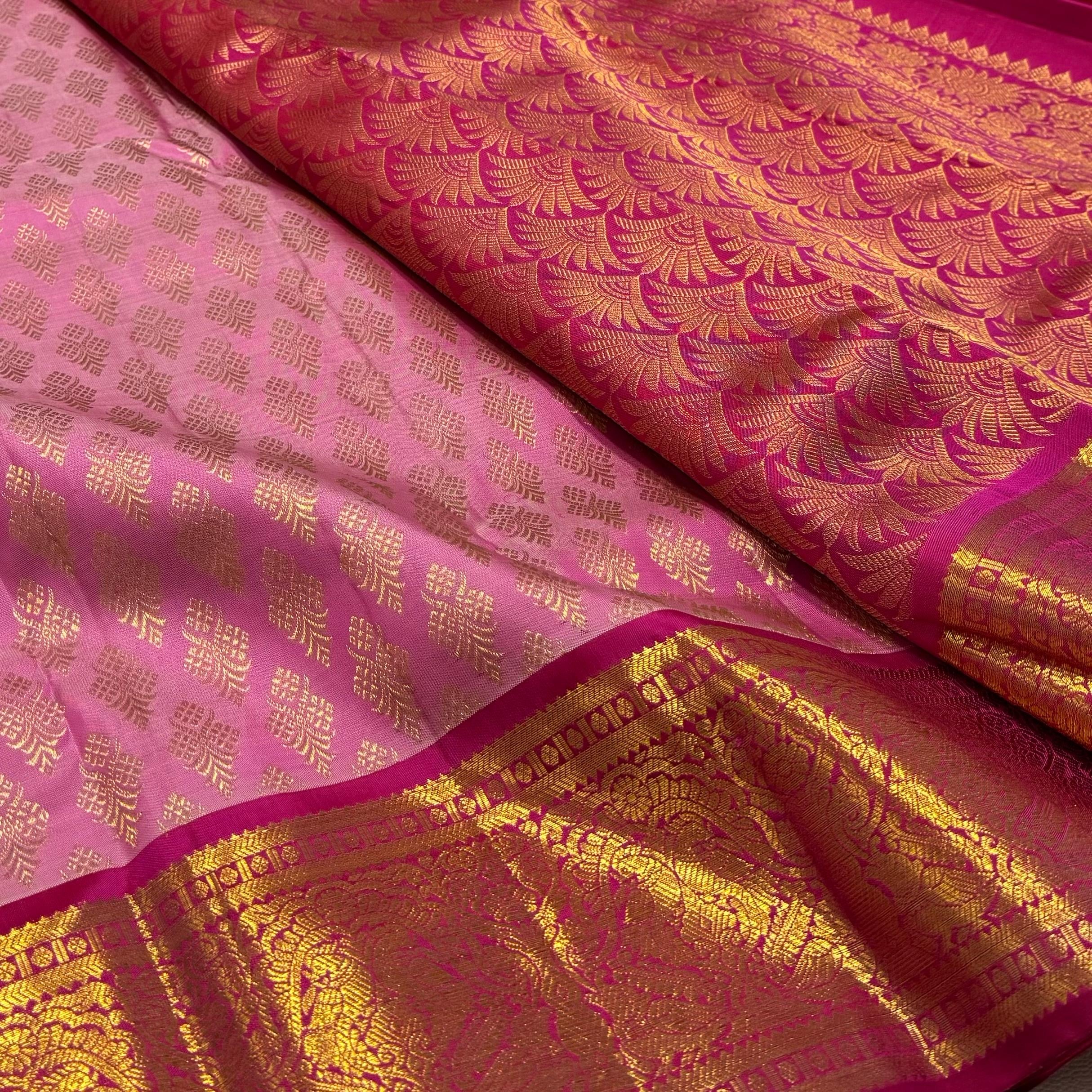 Classic Creamy Pink & Deep Pink 2gm Zari Bridal Elegance Kanchipuram Handloom Silk Saree SS24758