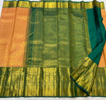 Load image into Gallery viewer, Classic Sunset Peach &amp; Teal Green 2gm Zari Brocade Bridal Elegance Kanchipuram Handloom Silk Saree SS23636
