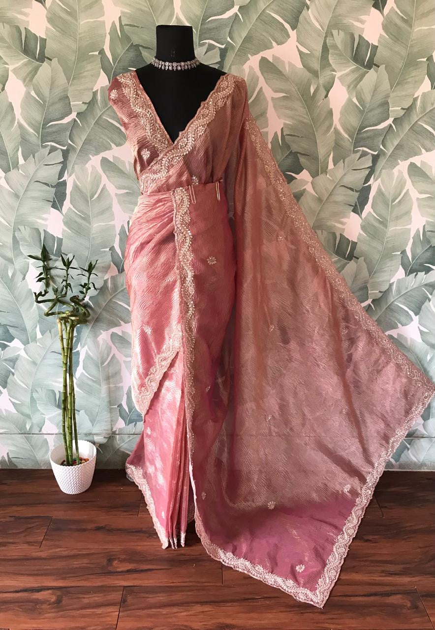 Classic Pastel Pink Handwork Elegance Crushed Tissue Silk Saree SS25697