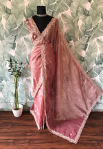 Load image into Gallery viewer, Classic Pastel Pink Handwork Elegance Crushed Tissue Silk Saree SS25697
