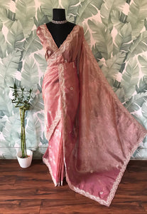 Classic Pastel Pink Handwork Elegance Crushed Tissue Silk Saree SS25697