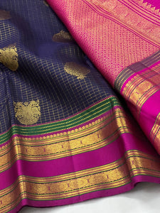 Classic Navy Blue & Pink 2gm Zari Kanchipuram Handloom Silk Saree SS25845