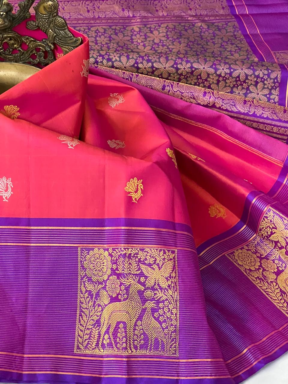 Classic Orange Rose & Purple 2gm Zari Elegance Kanchipuram Handloom Silk Saree SS23677