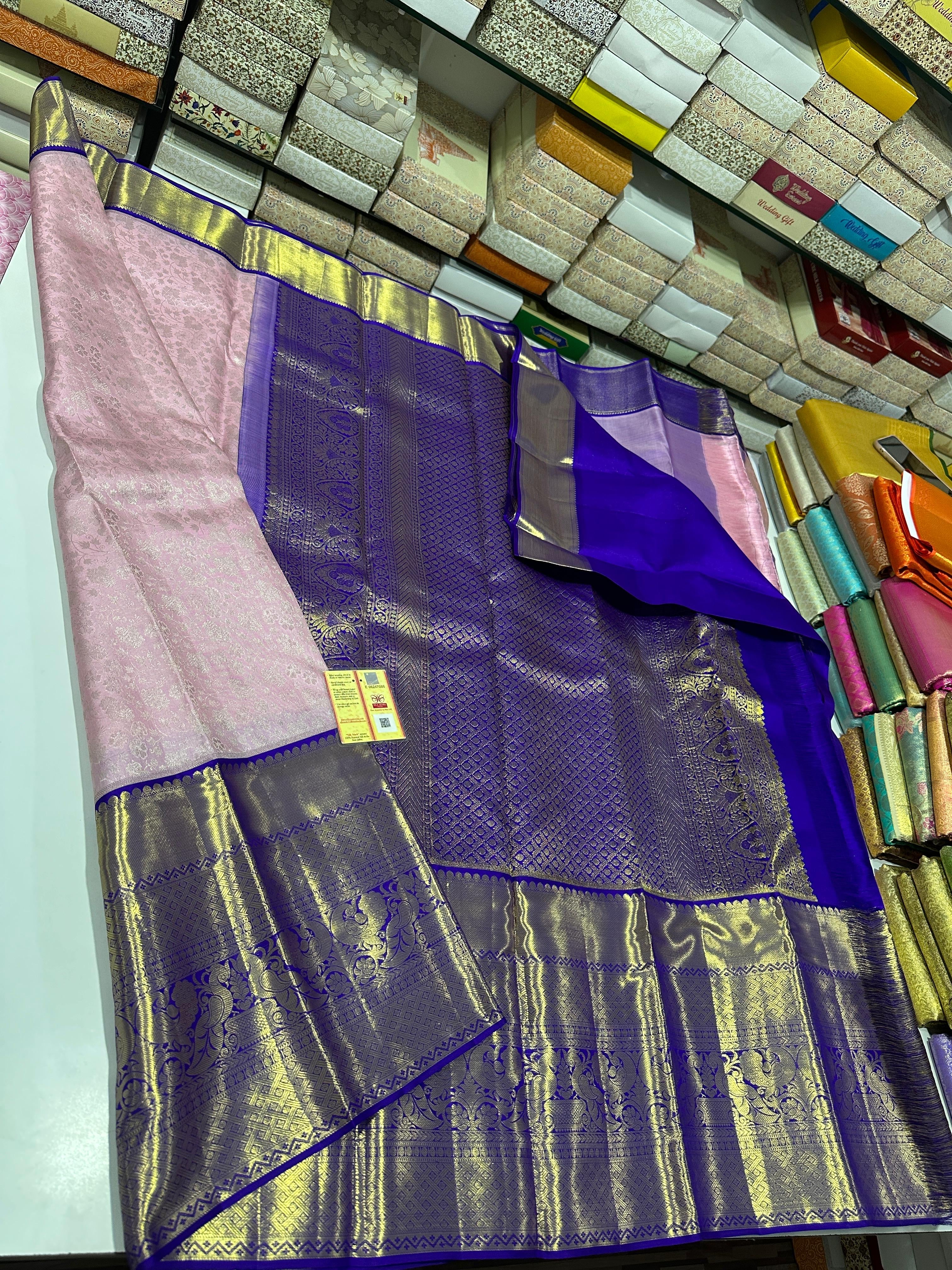Classic Pink & Blue 2gm Zari Brocade Bridal Elegance Kanchipuram Handloom Silk Saree SS25770