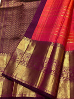 Load image into Gallery viewer, Classic Orange Pink &amp; Plum 2gm Zari Vaira Oosi Checks Kanchipuram Handloom Silk Saree SS25897
