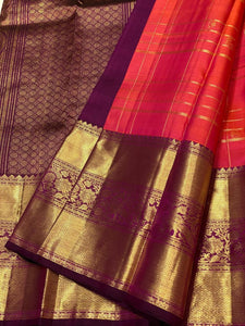 Classic Orange Pink & Plum 2gm Zari Vaira Oosi Checks Kanchipuram Handloom Silk Saree SS25897