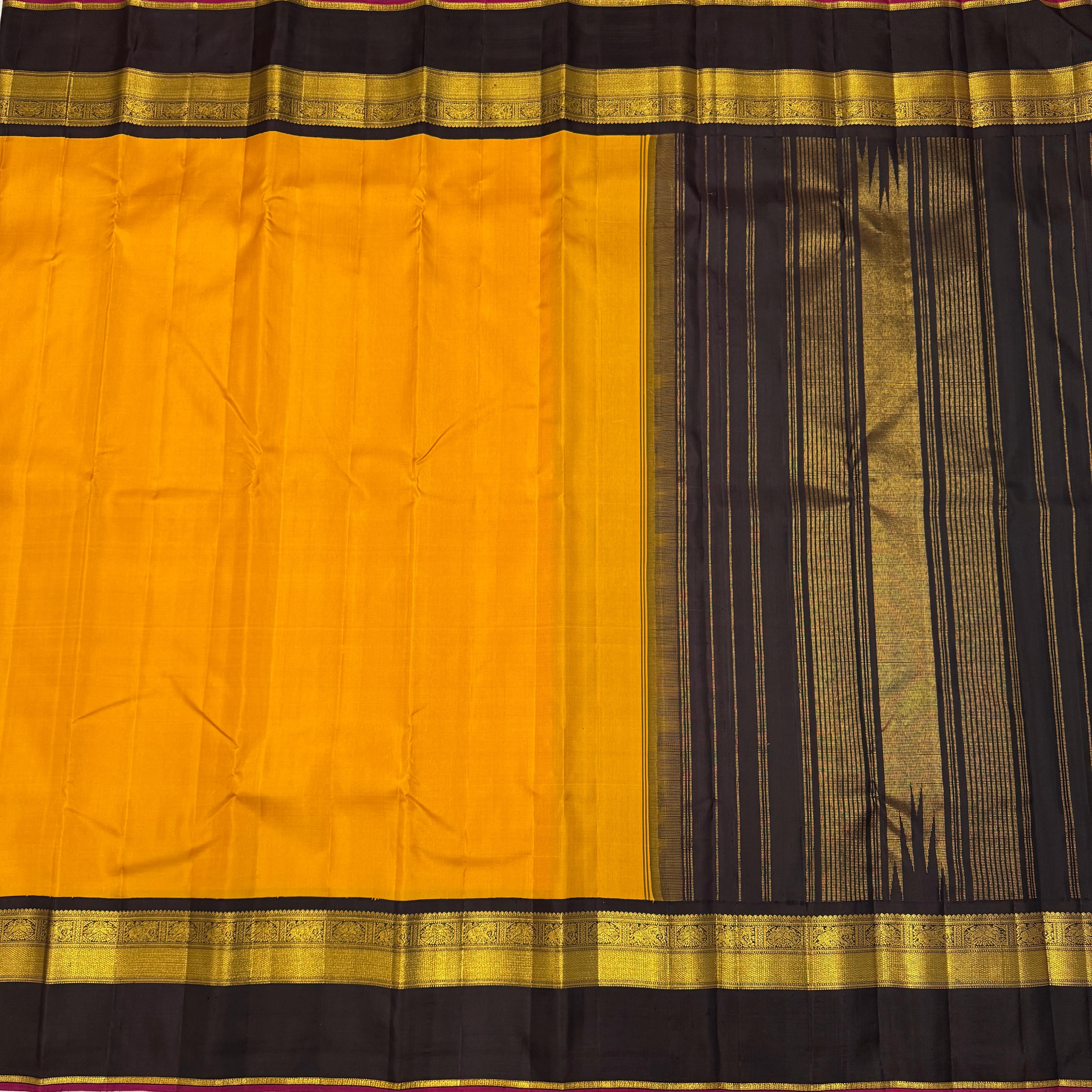 Classic Mango Yellow & Black 2gm Zari Double Side Korvai Kanchipuram Handloom Silk Saree SS25934