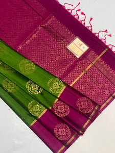 Classic Spring Green & Wine Red Double Warp Elegance Handloom Soft Silk Saree SS23214