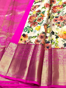 Classic White & Fuchsia Pink Kalamkari Digital Print Bridal Elegance Kanchipuram Handloom Silk Saree SS23912