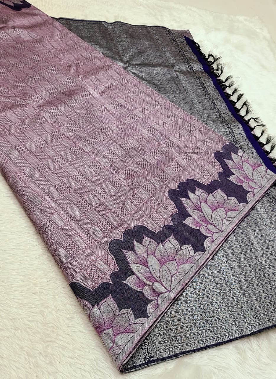 Classic Onion Pink & Navy Blue 2gm Zari Kanchipuram Handloom Silk Saree SS26363