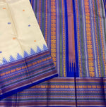 Load image into Gallery viewer, Classic Creamy Beige &amp; Royal Blue Vintage Thread Butta Korvai  Elegance Kanchipuram Handloom Silk Saree SS27558
