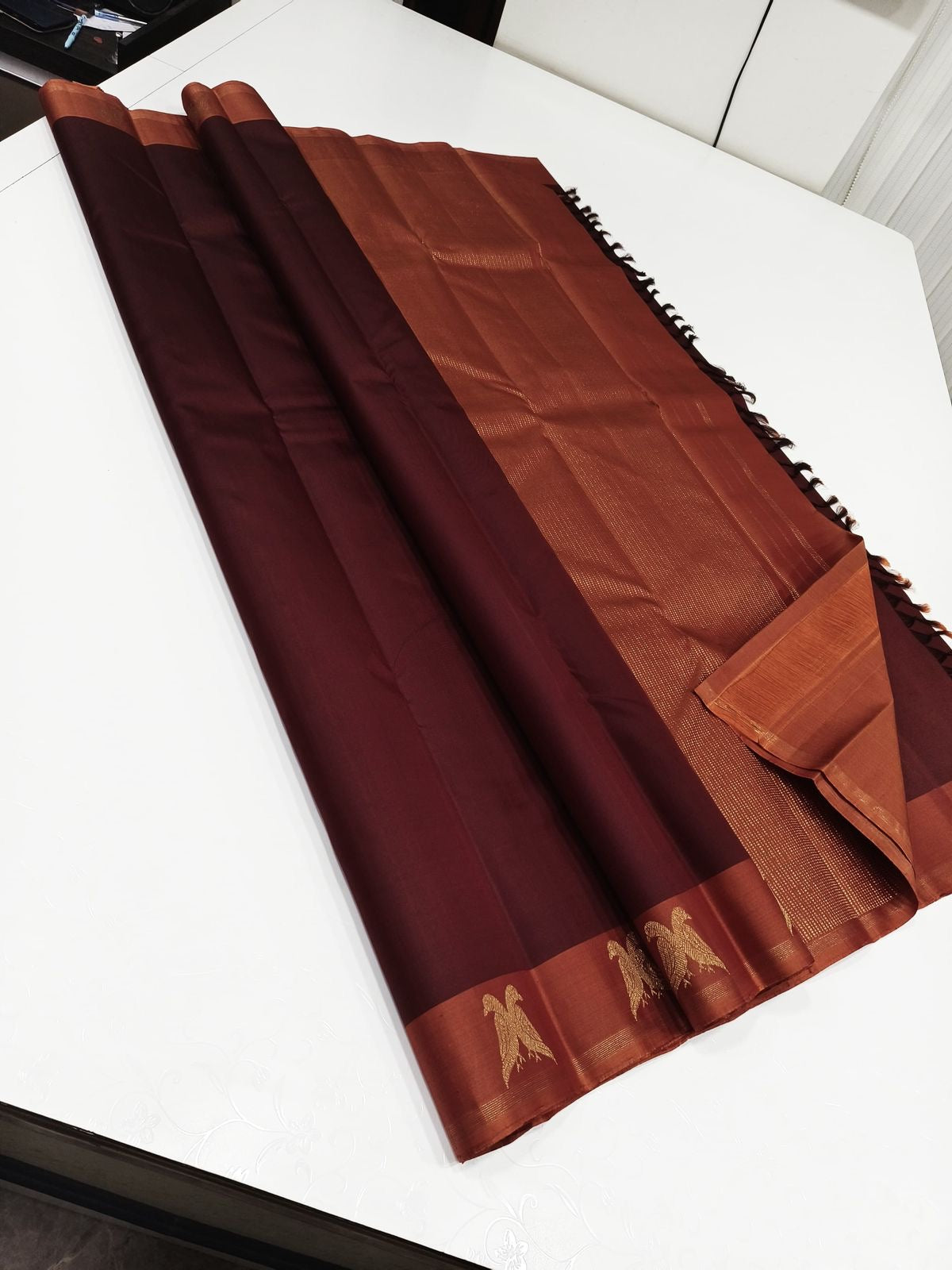 Classic Coffee Brown & Mustard 2gm Zari Kanchipuram Handloom Silk Saree SS26229
