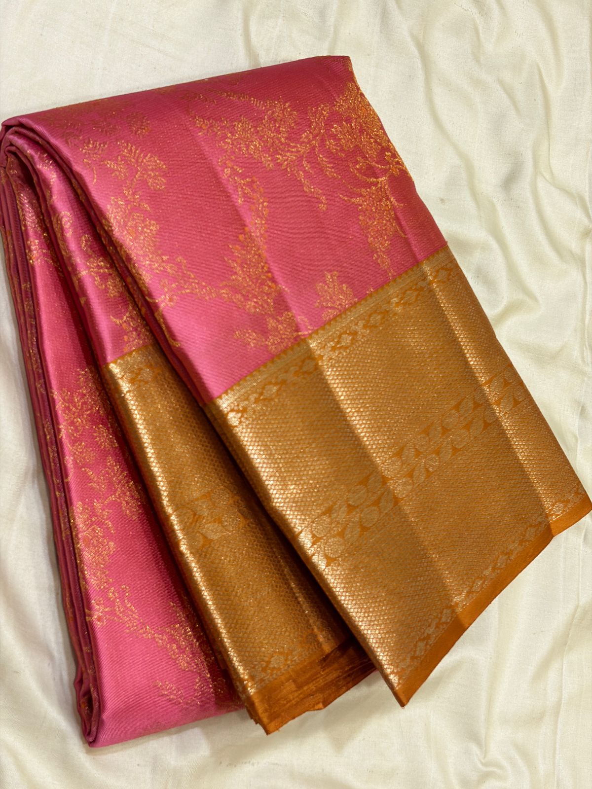 Classic Rose & Mustard 2gm Zari Brocade Kanchipuram Handloom Silk Saree SS26567