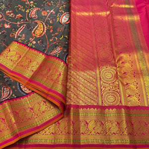 Classic Black & Orange Korvai Digital Print 2gm Zari Kanchipuram Handloom Silk Saree SS25992