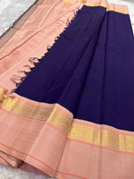 Load image into Gallery viewer, Classic Navy Blue &amp; Nude Pink Elegance Kanchipuram Handloom Silk Saree SS27249
