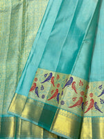 Load image into Gallery viewer, Classic Aqua 2gm Zari Paithani Vaira Oosi Checks Kanchipuram Handloom Silk Saree SS26507
