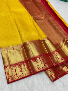 Classic Golden Yellow & Chilli Red Korvai Zari Bridal Elegance Kanchipuram Handloom Silk Saree SS26024