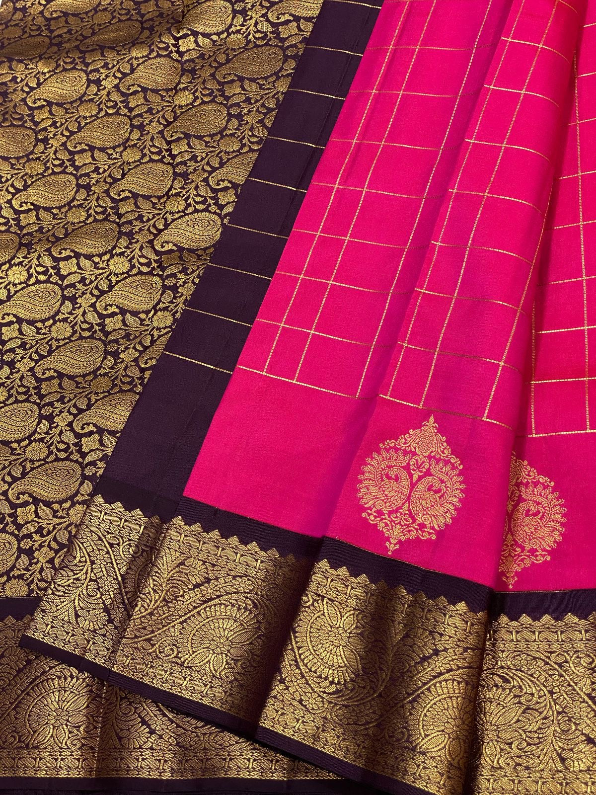 Classic Fuchsia Pink & Plum 2gm Zari Vaira Oosi Checks Elegance Kanchipuram Handloom Silk Saree SS24607