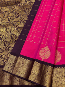 Classic Fuchsia Pink & Plum 2gm Zari Vaira Oosi Checks Elegance Kanchipuram Handloom Silk Saree SS24607