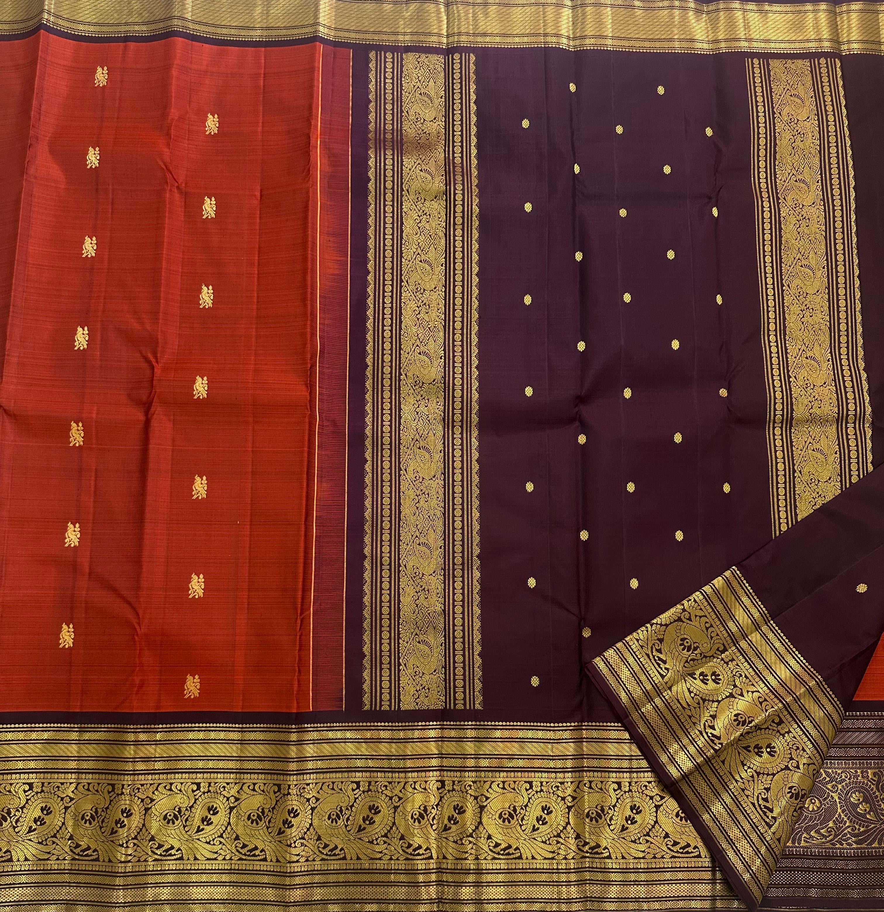 Classic Burnt Orange & Dark Espresso Brown 2gm Zari Kanchipuram Handloom Silk Saree SS26636