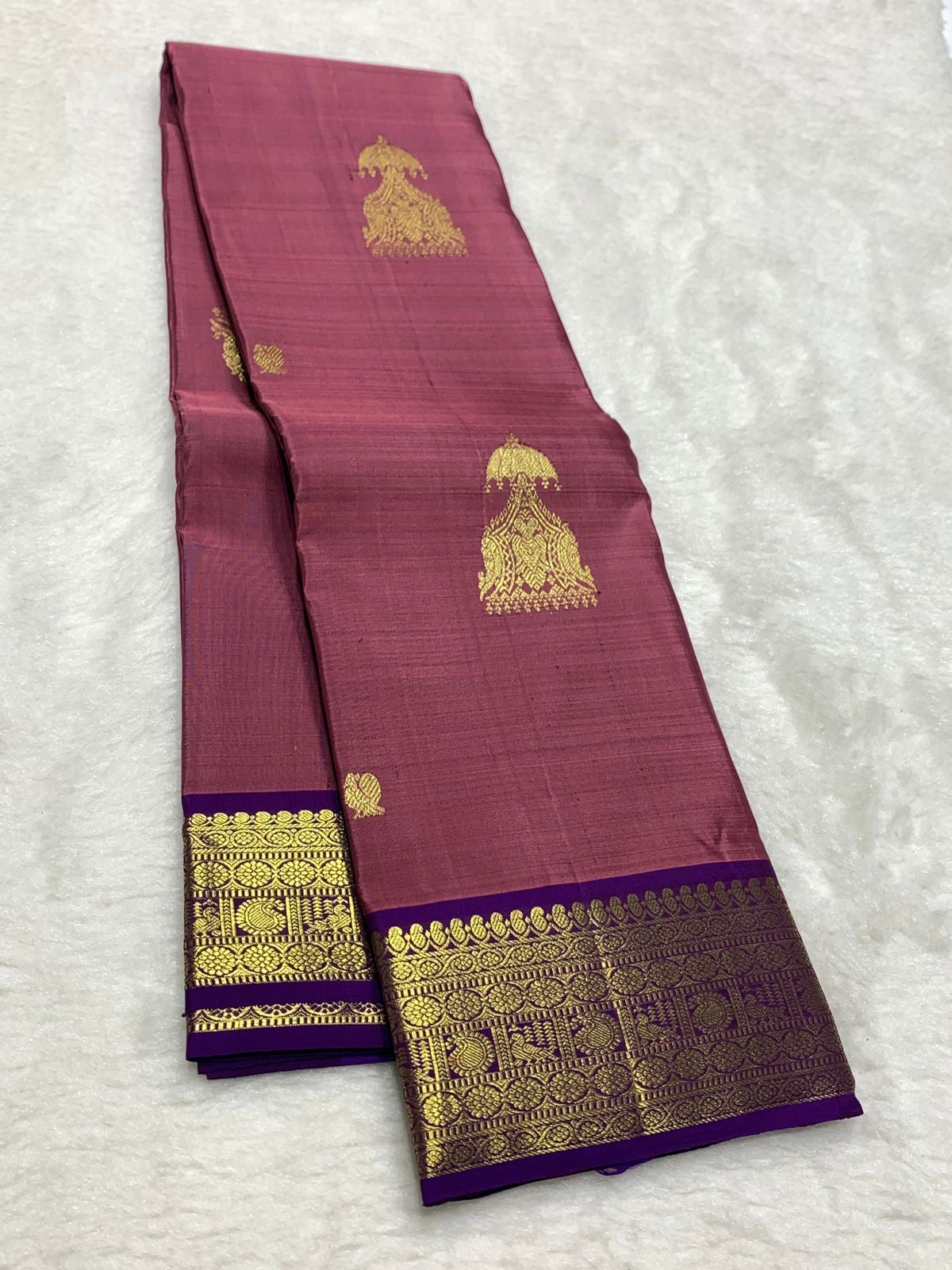 Classic Dusky Plum & Violet 2gm Zari Kanchipuram Handloom Silk Saree SS25821