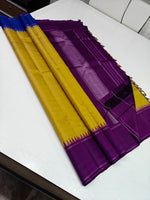 Load image into Gallery viewer, Classic Mustard Yellow &amp; Plum Berry Blue 2gm Zari Traditional Korvai Elegance Kanchipuram Handloom Silk Saree SS27979
