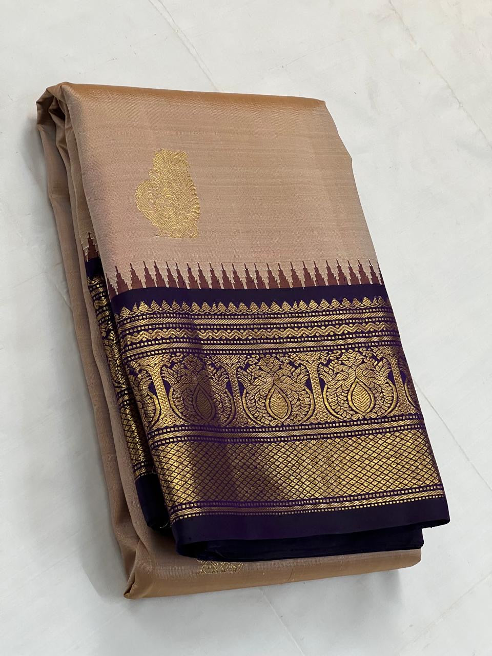 Classic Golden Beige & Deep Violet 2gm Zari Elegance Kanchipuram Handloom Silk Saree SS25393