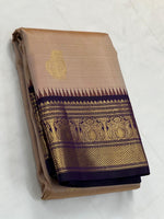 Load image into Gallery viewer, Classic Golden Beige &amp; Deep Violet 2gm Zari Elegance Kanchipuram Handloom Silk Saree SS25393
