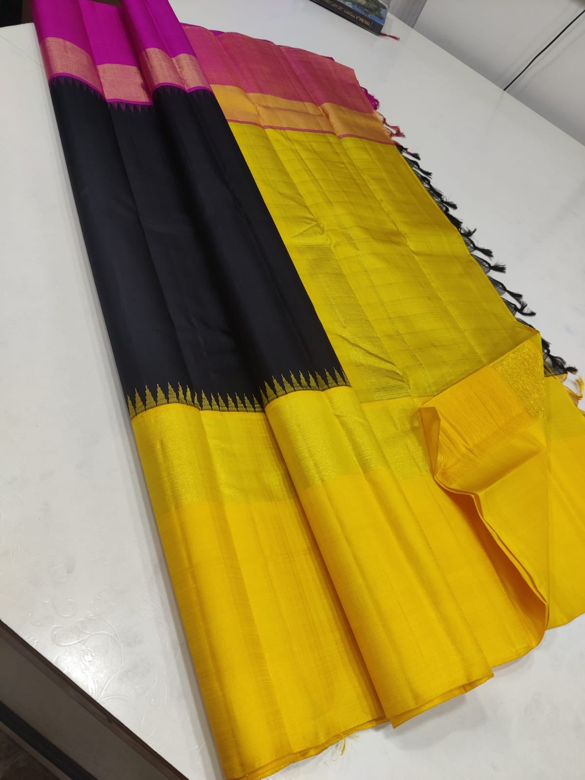 Midnight Black Fuchsia Pink & Sunny Yellow Muppagam Korvai Elegance Kanchipuram Handloom Silk Saree SS19573