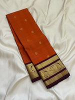 Load image into Gallery viewer, Classic Orange &amp; Coffee Brown 1gm Zari Butta Elegance Kanchipuram Handloom Silk Saree SS27653
