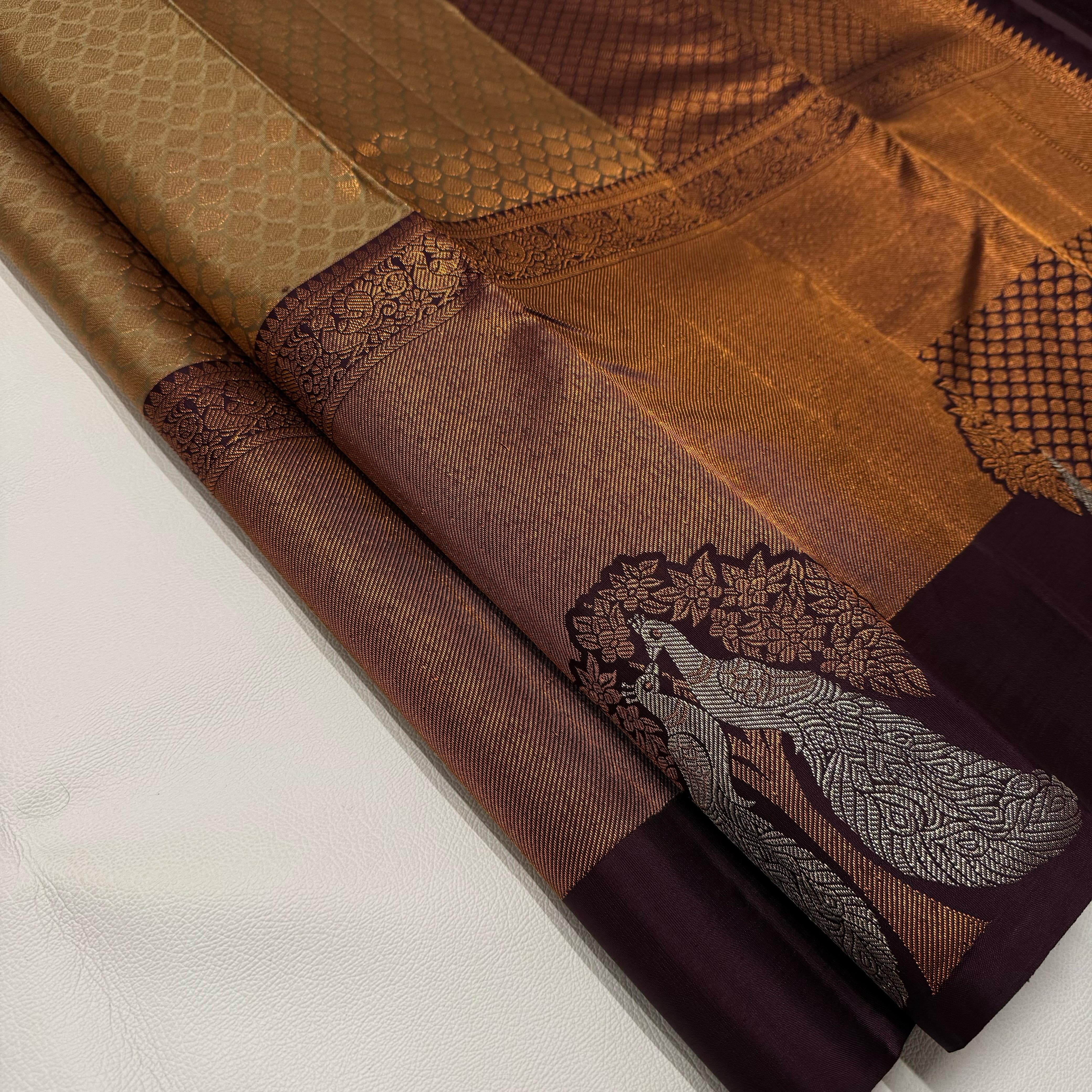 Classic Shimmer Beige & Coffee Brown 1gm Zari Elegance Kanchipuram Handloom Silk Saree SS24848